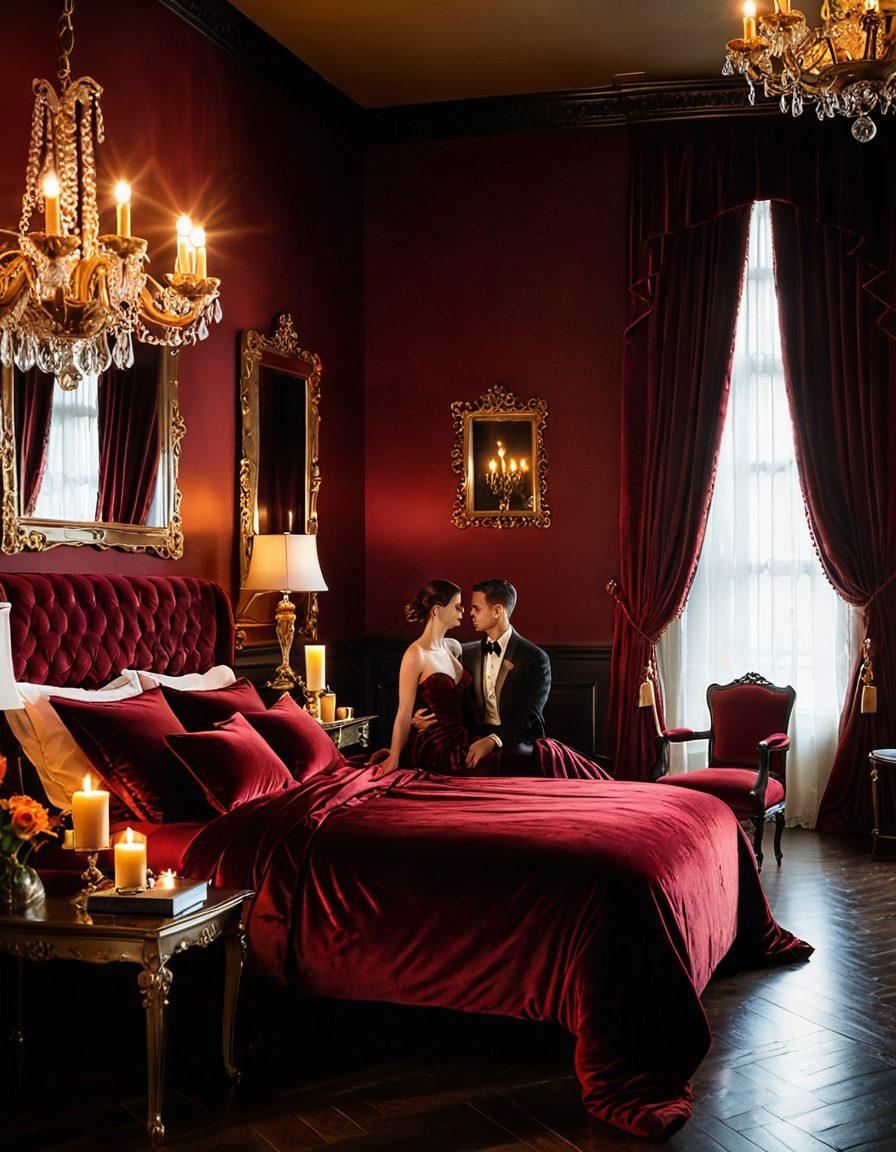 A captivating scene featuring a luxurious, dimly-lit boudoir with plush velvet curtains, soft candles casting gentle shadows, and an elegant silhouette of a couple in an intimate embrace. Include opulent decor elements like ornate mirrors and silk cushions to enhance the theme of sensuality. The color palette should be rich with deep reds and golds to evoke a feeling of warmth and allure. super-realistic. intimate atmosphere. rich colors.