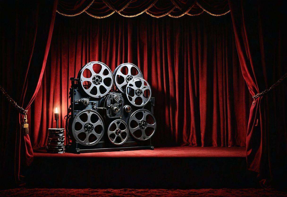 A captivating and artistic arrangement of film reels spilling over with vivid images of cinematic scenes, set against a backdrop of a luxurious velvet curtain. Soft, seductive lighting casts shadows that evoke curiosity, while alluring silhouettes hint at the themes explored in adult films. Elegant typography overlays the scene, suggesting a blend of allure and sophistication. The overall tone is glamorous yet tastefully provocative. super-realistic. vibrant colors. dramatic lighting.