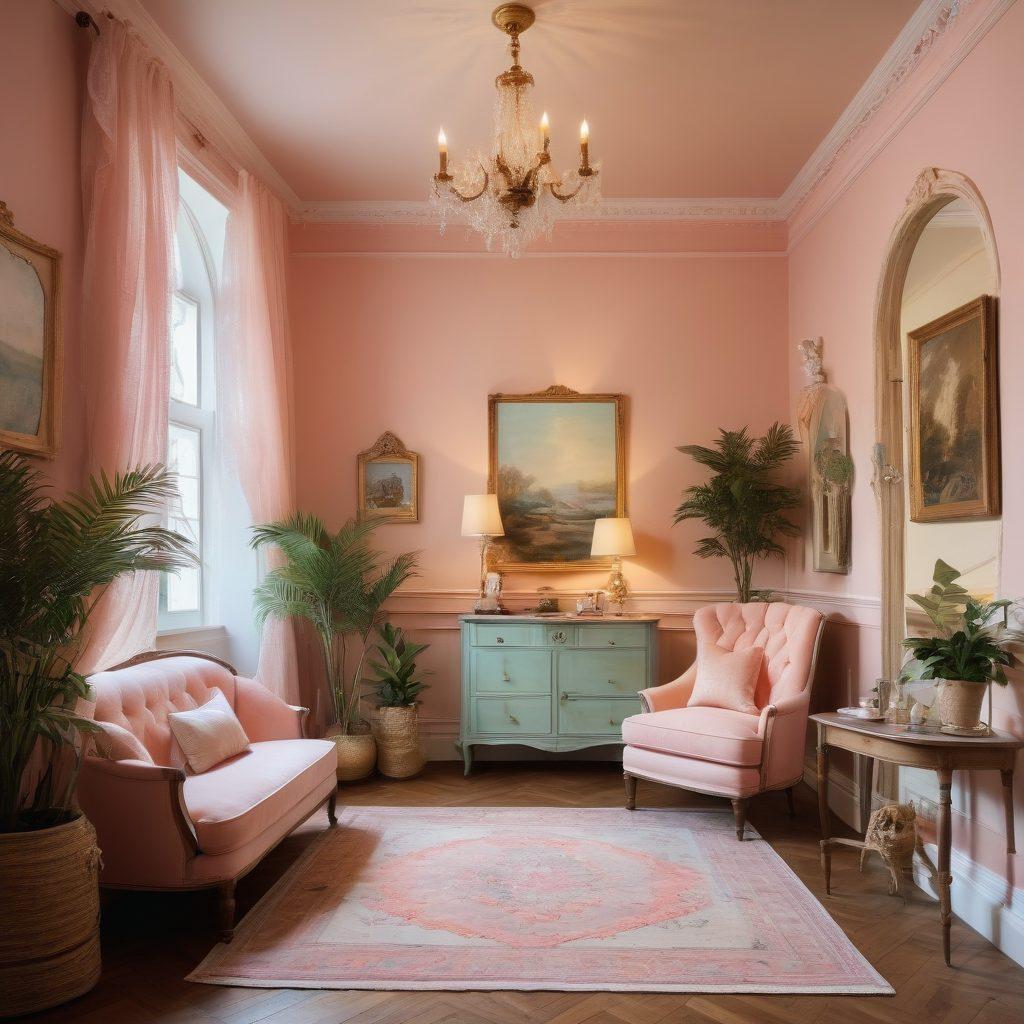 A whimsical, enchanting landscape featuring a cozy, vintage-themed room filled with charming adult-themed art pieces, soft pastel colors, and warm lighting, showcasing hidden gems of creativity and sensuality. Include intriguing details like playful sculptures and delicate lace decorations to enhance the mood. super-realistic. vibrant colors. warm tones.